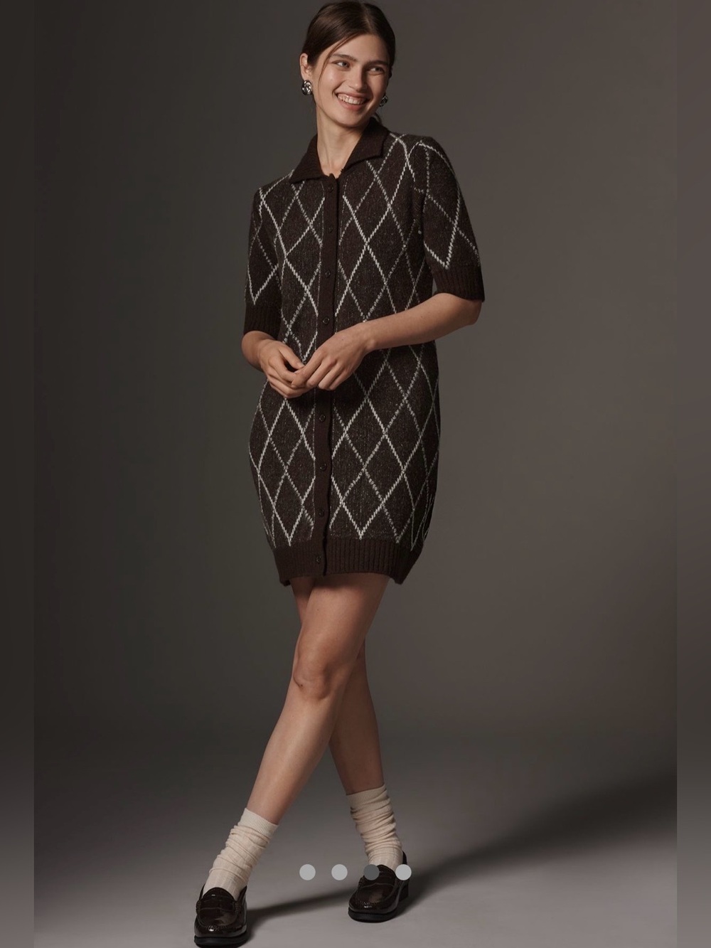 Anthropologie Brown Diamond Patterned Knit Rhinestone Sweater Shift Dress S NWT
